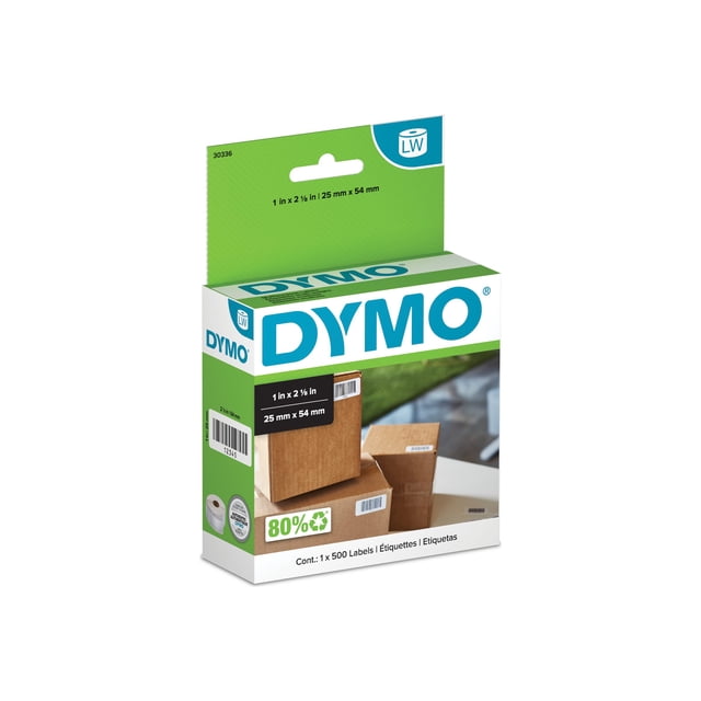 DYMO LabelWriter Multipurpose Labels, 1 in x 2.13 in, Black on White, 500 Count. The packaging features a green and white design with the DYMO logo prominently displayed. The box highlights the label dimensions and includes an image of labeled cardboard boxes, emphasizing its use for mailing, shipping, and labeling applications. Designed for direct thermal printing, eliminating the need for ink or toner.