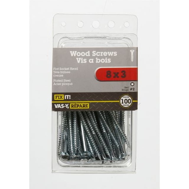 8x3" Flat Head Wood Screw 100 Pieces in clear plastic packaging with grey and red label, featuring flat socket head and plated steel, suitable for wood fastening and home improvement projects.