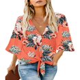 thumbnail image 1 of CHUANK Women‘s Button Down V Neck Tops Ruffled 3/4 Sleeve Tie Knot Front Blouses White Sizes S-2XL, 1 of 7