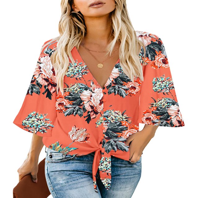 CHUANK Women‘s Button Down V Neck Tops Ruffled 3/4 Sleeve Tie Knot Front Blouses White Sizes S-2XL