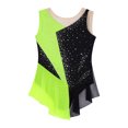 thumbnail image 3 of Yartina Children Girls Figure Skating Dance Bodysuit Color Block Ballet Leotard Dress Rhinestone Dancing Outfits Fluorescent Green 8, 3 of 7