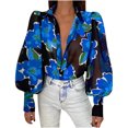 thumbnail image 1 of IROINID Liquidation Chemises à Manches Longues pour Femmes à Col en V Été Imprimé Boutons Col Rabattu Hauts Blouse Chemise Chandail, Bleu, 1 of 7