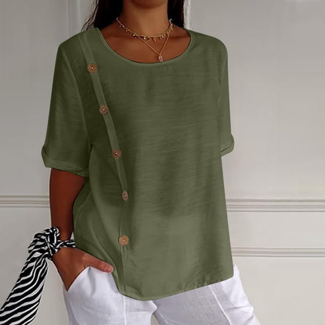 Qertyioot Économies pour Femmes Chemise Décontractée de Base à Manches Mi-Longues en Coton et Lin Uni à Boutons pour Femmes