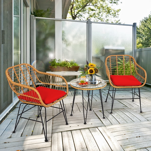 Costway Ensemble Bistro de Patio en Rotin 3 Pcs avec Coussins Chaise Table Rouge