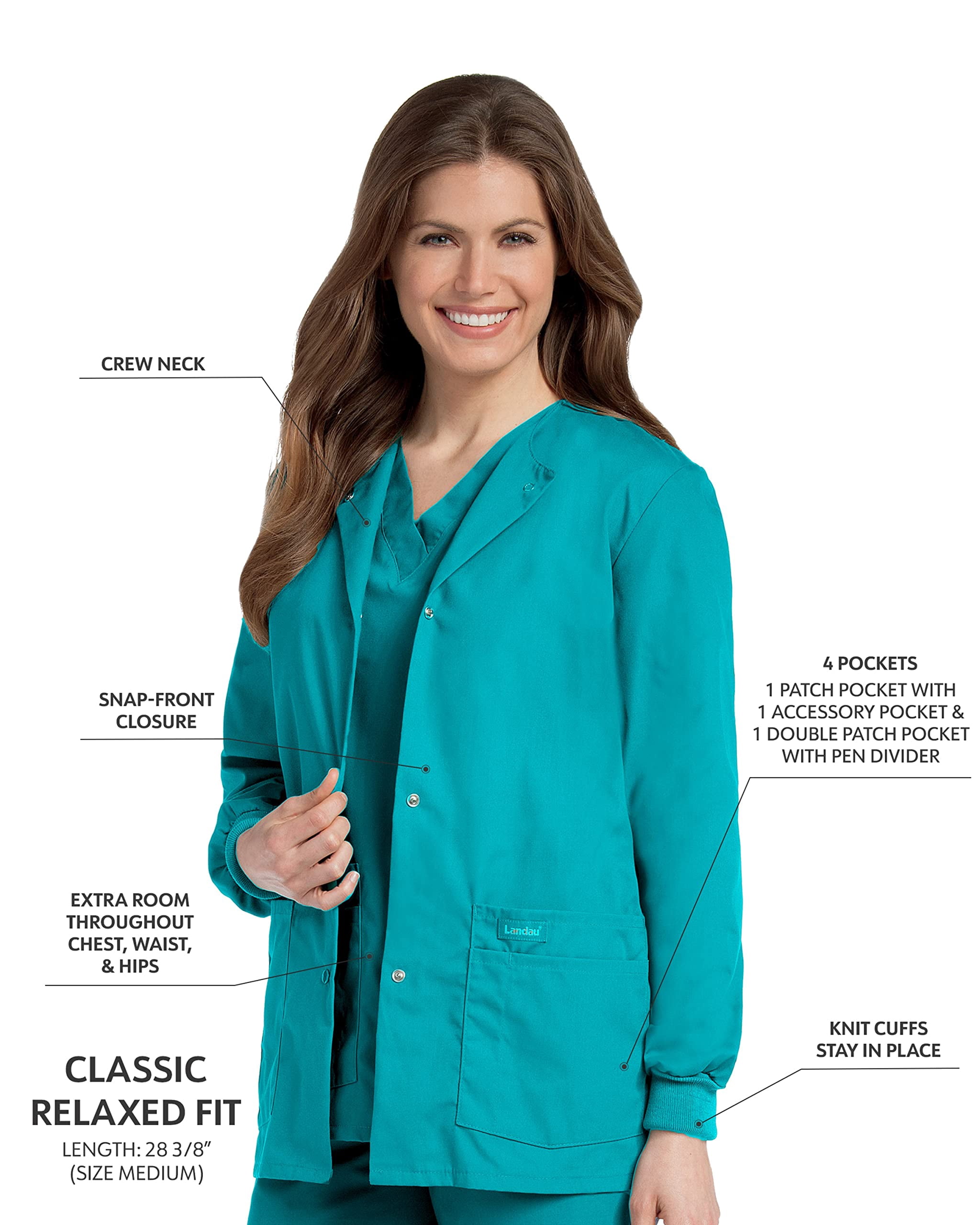 Landau Essentials Veste d'Uniforme Médicale pour Femmes, Coupe Classique et Décontractée, Col Rond, 4 Poches