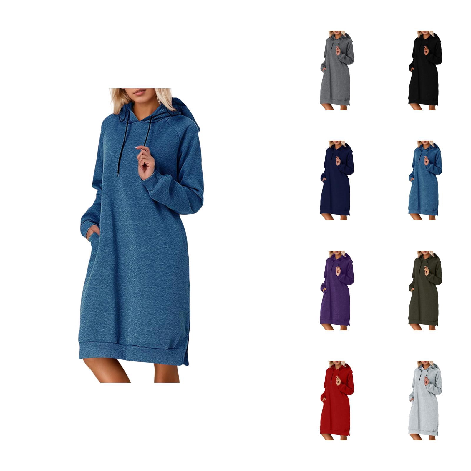 Longs Chandails à Capuchon pour Femmes 2025 Manches Longues Ourlet Fendu Robe à Capuchon Unie avec Poches Chandail à Capuchon pour Femmes