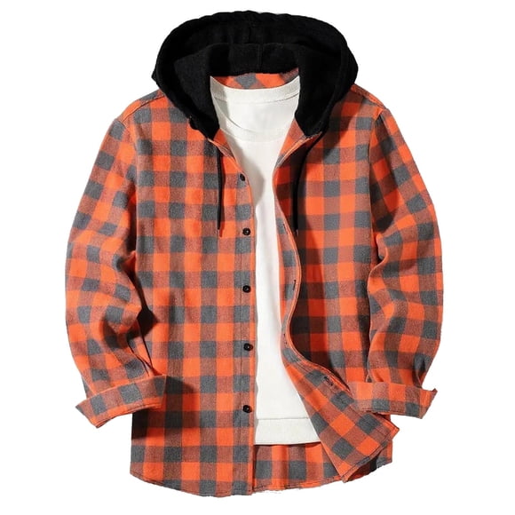 aohooy Buffalo Plaid Flannel Mens Shirts Fall Jackets Long Sleeve Button Down Hoodie Lightweight Casual Shirts Coat Outerwear Orange,XXL