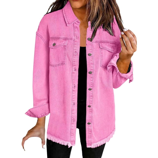 Yubnlvae Veste-Chemise en Denim Lavé Rose Vif Mode Décontractée pour Femme, G