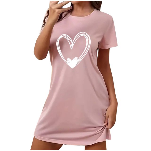Amzcrzy Pyjamas pour Femmes Mode Imprimé Cœur Valentines Day Robe Décontractée Confortable à Manches Courtes Chemises de Nuit pour Femmes Valentines Day Cadeaux