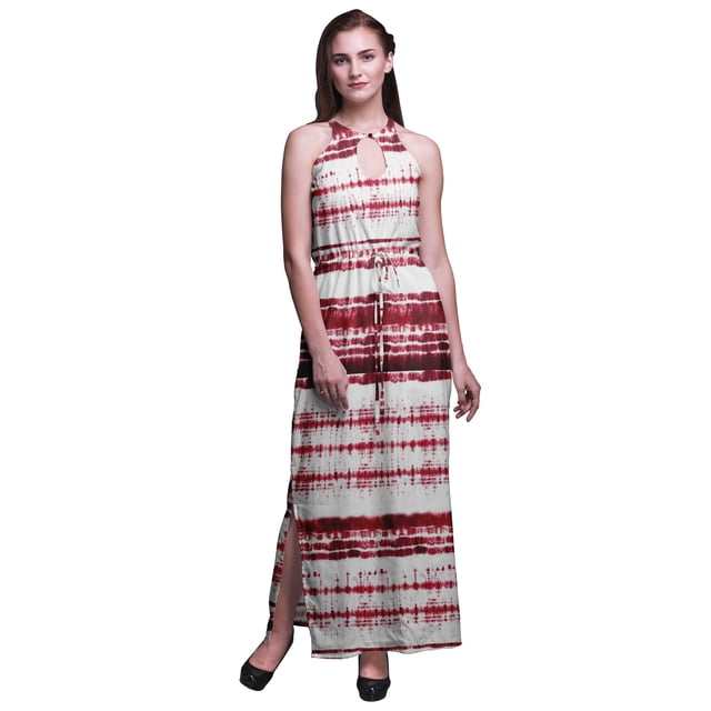 Bimba Tie-Dye Ladies Crew Neck Waist String Print Maxi Dress with Side Slits Summer Wear-X-Small