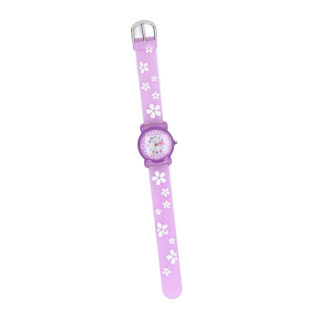 Girls Watches, Safe Kids Watch Cartoon Easy To Read 3D for girls over 3 years old in purple. Features a 3D sakura-themed strap design with white floral patterns, a round dial with colourful numbers, and a metal buckle closure. Made of metal, PVC, and plastic for durability and safety. Approximate dimensions are 20.4 x 3.1 x 0.9 cm. Includes SR626sw battery and English manual.
