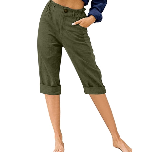 Innerwin Pantalon Capri de Détente à Taille Haute à Boutons pour Femme, Vert Armée, m