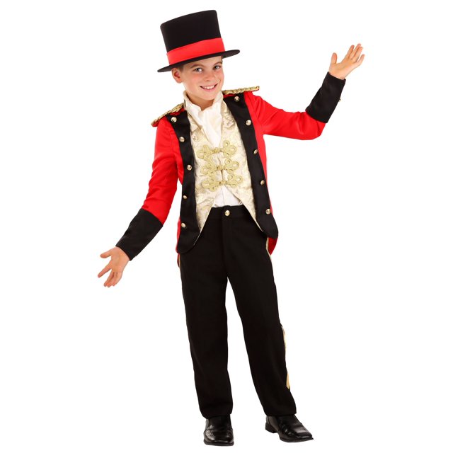 Costume de Ringmaster pour Garçon avec Queue-de-Pie Rouge aux Poignets et Revers Noirs, faux Boutons Dorés, et devant de Veste Attaché avec Détails Tourbillonnants Dorés et Fermeture à Cordon. Comprend un Pantalon Noir avec Garniture Dorée, un devant de Chemise à Boutons avec Attaches au Col, et un Chapeau Noir Pliable avec Garniture Satinée Rouge.
