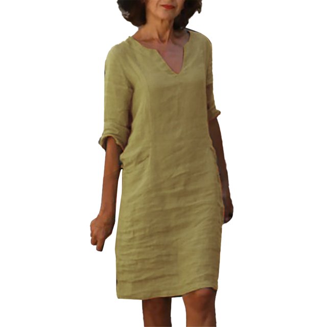 2025 et Robe Nuisette en Lin à Manches Courtes Grande Taille Vacances Semi-Décontractée Robe Tunique pour Femme Grande Taille Robe Mini à Col en V Robes Maxi Décontractées pour Femmes Couleur Unie Femme