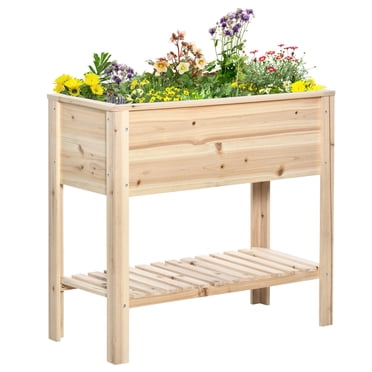 Outsunny lit de jardin surélevé en bois avec étagère de rangement naturel