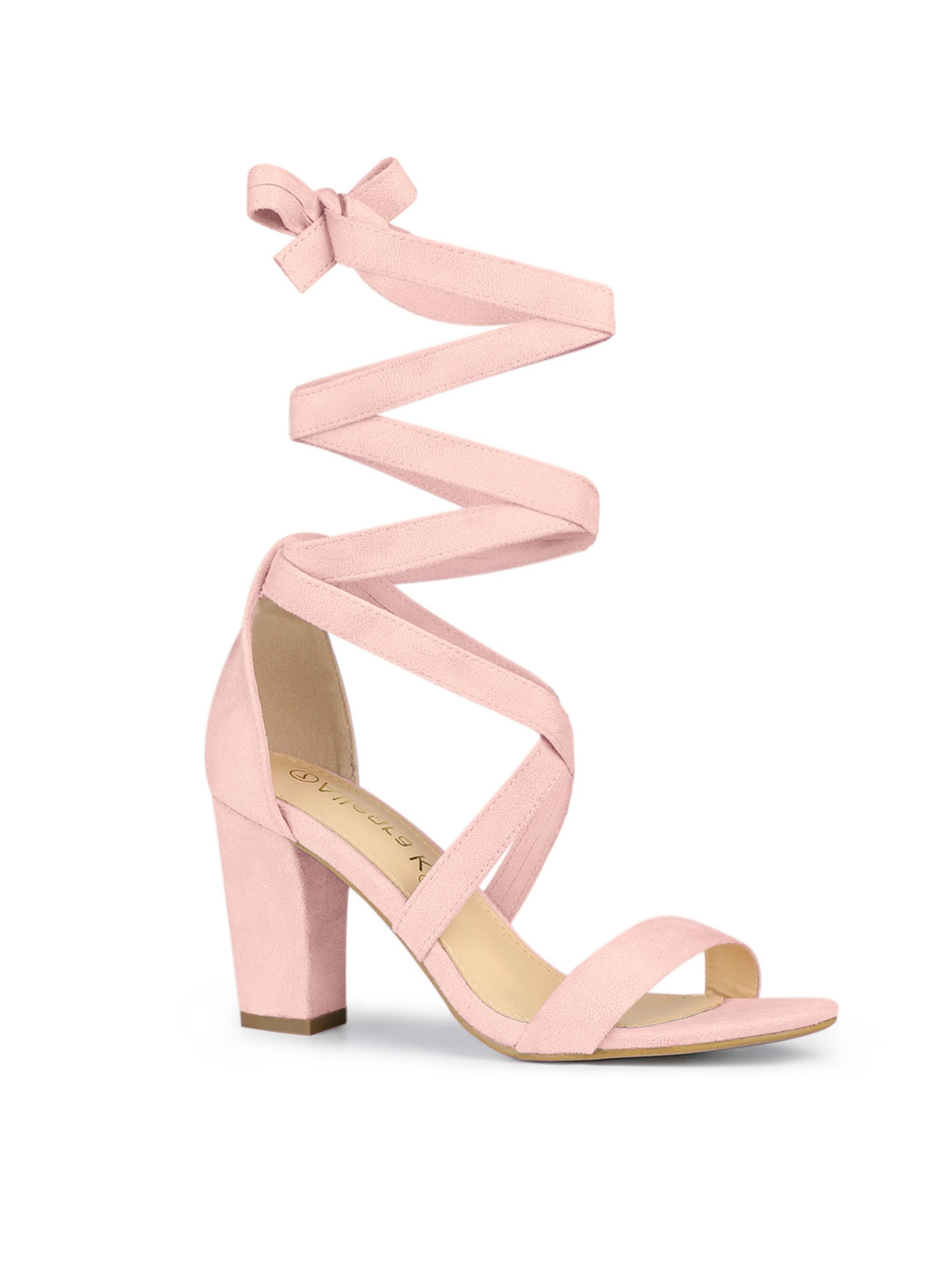 BLISSFUL STEP Women's Sandals Solid Color Mid Block Heels Lace up Sandals Pink 5.5