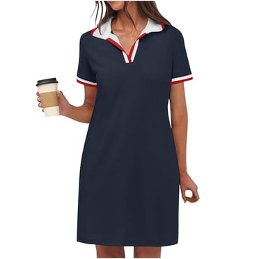 LOVZFMLL Robe Polo pour Femmes Été Décontractée Col en V Manches Courtes Fluide Couleur Contrastante Coupe Droite Robes T-Shirt avec Poches Bleu Marine P
