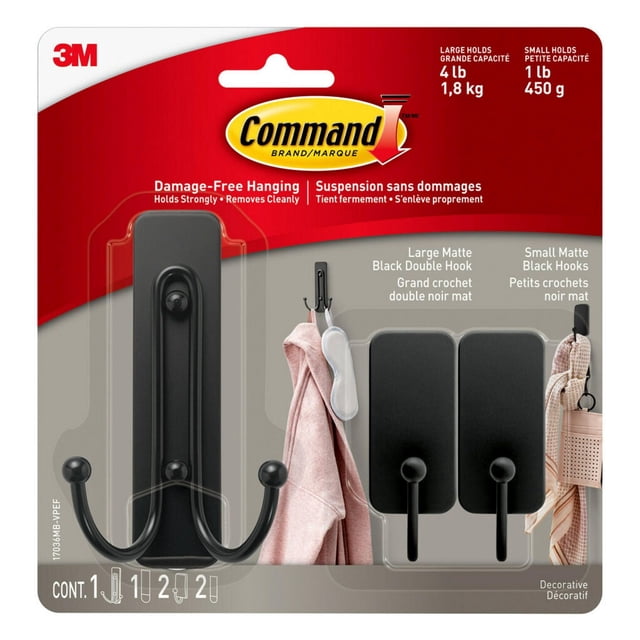 Command™ Matte Black Hooks Combo Pack 17036MB-VPEF with one large matte black double hook and two small matte black single hooks on retail packaging, designed for damage-free hanging on paint, wood, and tile surfaces holding up to 4 lb and 1 lb, suitable for coats, bags, and wall décor.
