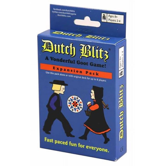Dutch Blitz Games Co 112489 Game - Dutch Blitz - Blue- 2 - 4 Players- Expansion Pack front-facing boxed card game expansion for 2–4 players showing the Blue pack with switched deck colors (carriage, bucket, pump, plow) and Dutch Blitz branding on a neutral background, suited to multiplayer card play and often used as a travel-friendly group icebreaker.