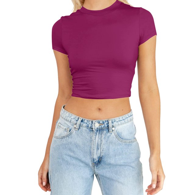 JIRNDf Hauts pour Femmes T-Shirts d'Été Tendance Mode Manches Courtes Mignon Court Basique Col Rond Coupe Ajustée Blouse pour Femmes Tunique Décontractée Hauts Or Rose m