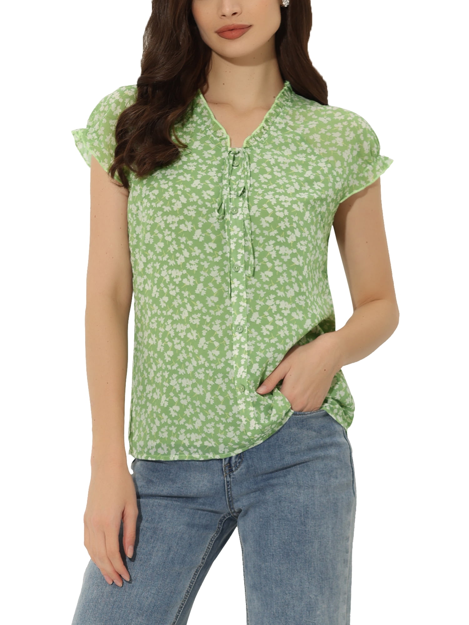INSPIRE CHIC Women's Floral Blouse Short Cap Sleeve Chiffon Casual Ruffle Tops XL Light Green