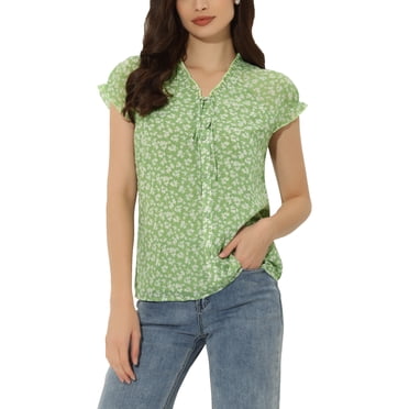 INSPIRE CHIC Blouse Fleurie pour Femme Manches Courtes à Cap Chiffon Décontractée à Volants Hauts L Vert Pâle