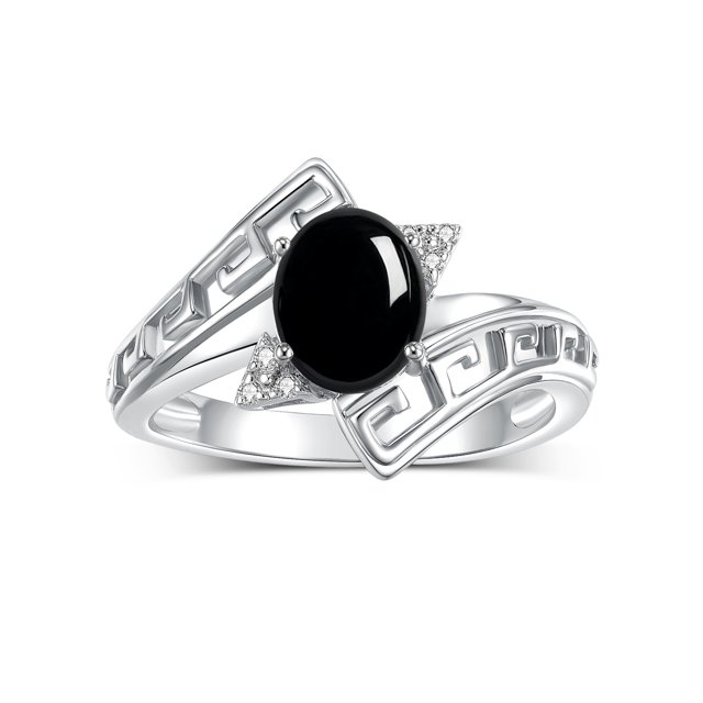 RYLOS Rings for Women Sterling Silver Greek Key Designer Ring 9X7MM Gemstone & Diamond Ring October Cabochon Onyx Jewelry Size 6