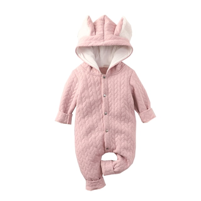 IROINID Savings Baby Bodysuit Long Sleeve Newborn Baby Boys Girls Romper Hooded Jumpsuit in pink, featuring a quilted texture, snap-button closure, and adorable hood with ear accents. Made from soft cotton, ideal for baby clothing during fall and winter seasons.