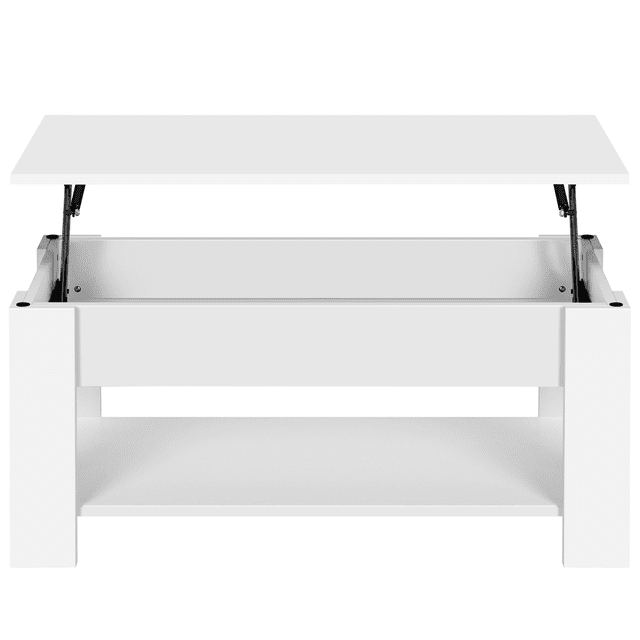 Fullfurnique Lift Top Coffee Table with Hidden Compartment & Open Shelf, White, front view showing the lift-top raised to reveal a spacious hidden storage compartment and an open lower shelf, made from durable MDF with a water-resistant finish, ideal for compact living spaces and suitable as a casual workspace or dining surface.