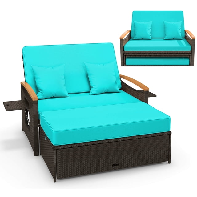 Costway Ensemble de Causeuse en Rotin pour Patio Daybed avec Causeuse Rembourrée et Ottomane de Rangement turquoise. l'Ensemble Présente un Cadre en Rotin PE Brun Mélangé avec des Coussins turquoise, Incluant une Causeuse avec 4 positions de Dossier Réglables et un Ottomane avec Rangement Intérieur. la Causeuse et l'Ottoman Peuvent Servir d'Ensemble de conversation, sofa Causeuse Ou Daybed de Patio. l'Ottoman Fait Aussi Office de Repose-Pieds, table Basse Ou Siège Supplémentaire. l'Ensemble Comprend Deux Coussins turquoise et des Panneaux de Rangement Latéraux Pliants