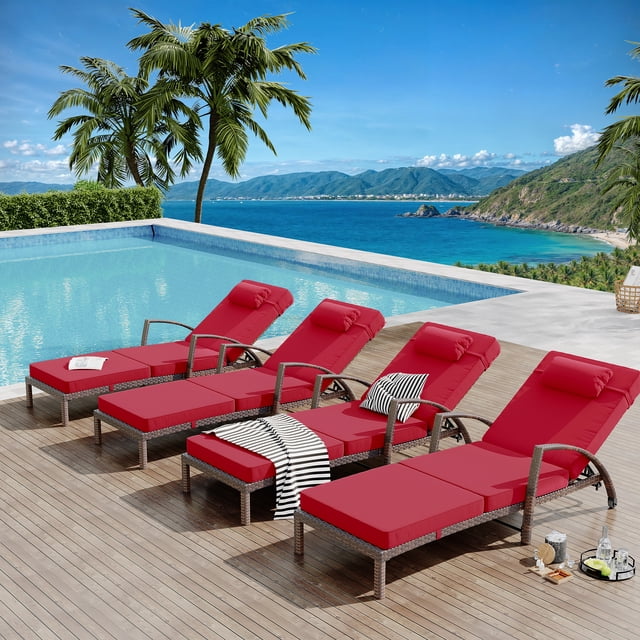 Set of 2 Outdoor Rattan Chaise Lounge Chairs, 5-Position Adjustable Recliners with Cushions & Wheels – All-Weather Patio Loungers for Backyard, Poolside – Peacock Blue / Red / Brown+Off-White