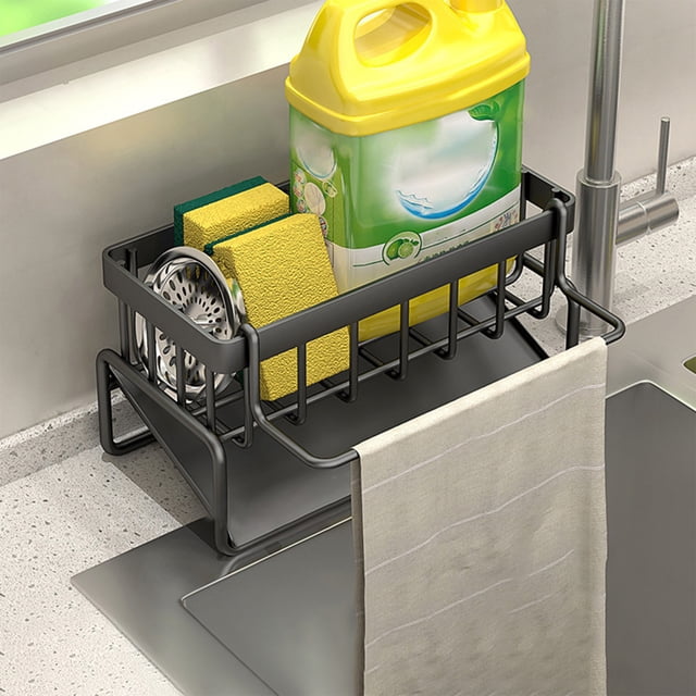 Étagère Organisatrice pour Éponge d'Évier de Cuisine / Support Compact d'Égouttage en Acier Inoxydable / Support Ventilé Résistant à la Rouille pour Comptoir de Cuisine et de Salle de Bain et Rangement de Zone de Préparation / Blanc Noir