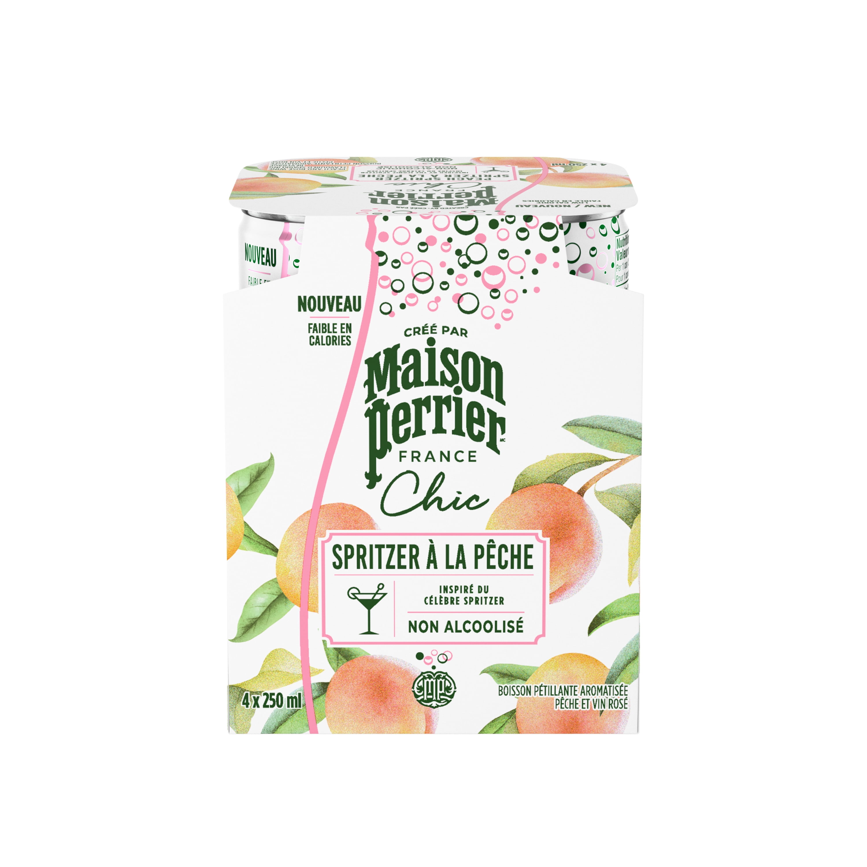 Maison Perrier Maison Perrier Chic Spritzer à la Pêche, Non Alcoolisé, Boisson Pétillante Aromatisée à la Pêche et au Vin Rosé, Cocktail Sans Alcool Faible en Calories, Prêt à Boire 4X250ML