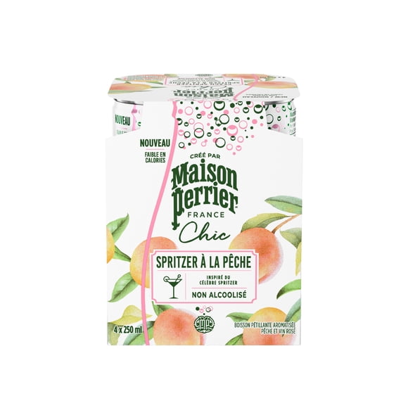 MAISON PERRIER Chic Peach Spritzer, Non-Alcoholic, Peach and Rosé Wine-Flavoured Sparkling Beverage, Low Calorie Mocktail, Ready to Drink 4X250ml