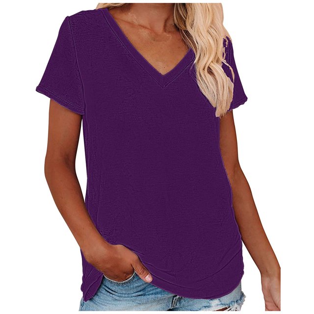 Birdeem T-Shirt Décontracté pour Femme à Col en V Uni à Manches Courtes