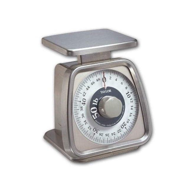 Taylor Precision Products Stainless Steel Analog Portion Control Scale, a kitchen scale with a 50-pound capacity for weighing large food portions. Features a removable stainless-steel platform for efficient cleaning, an angled dial with bold graphics for accurate readings, and a shatter-proof lens for durability. Includes a rotating dial for tare functionality and quick zeroing.