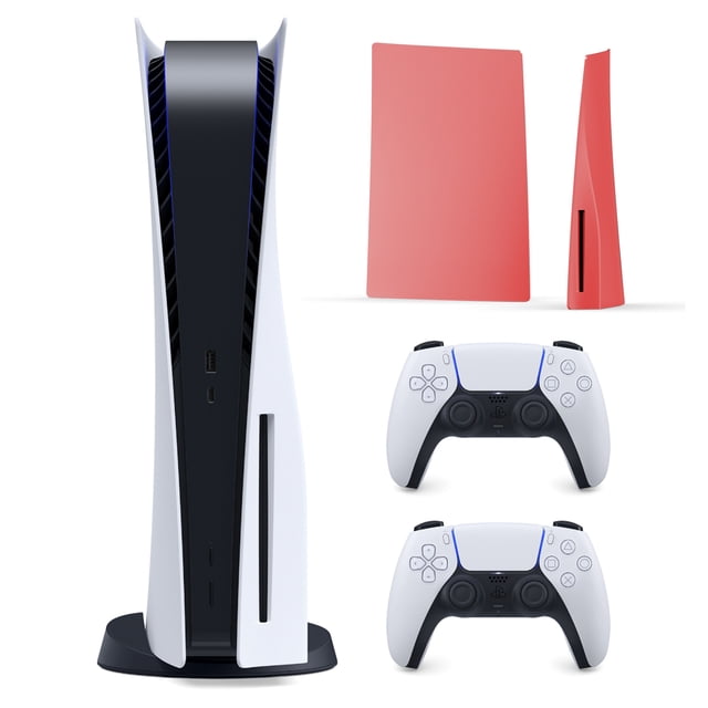 PlayStation 5 Customization Bundle: Disc Version Console and 2 Wireless Controllers with Mytrix Customized Body Plate - Red