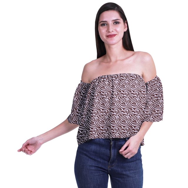 Moomaya Womens Printed Off The Shoulder Crop Top Flounce Sleeve Summer Clothing Boho Blouse