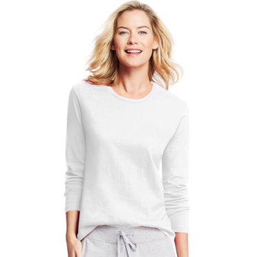Hanes T-Shirt à Manches Longues à Col Ras du Cou pour Femmes, P, Blanc