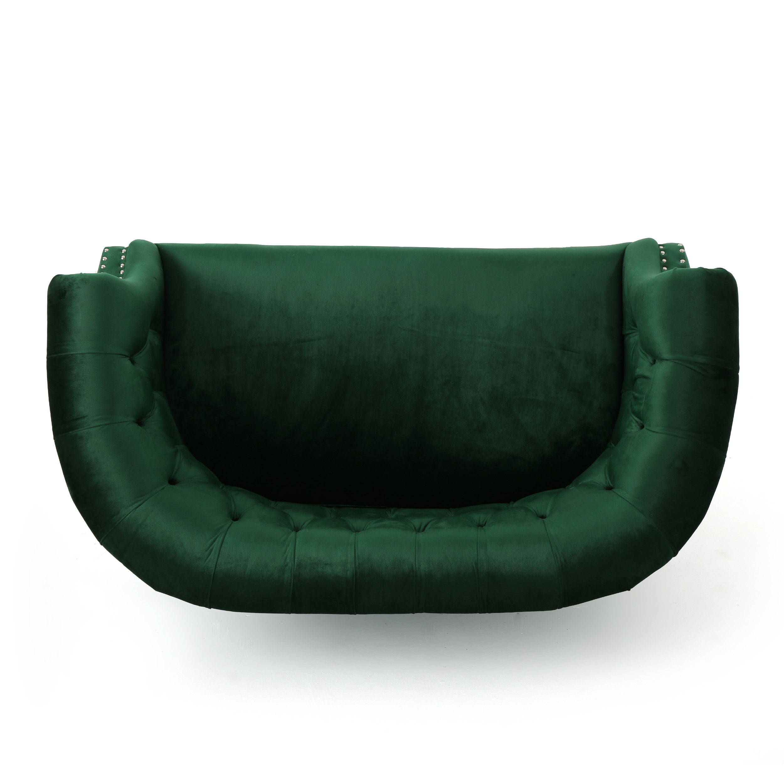 Canapé noble deux places en velours à accoudoirs arrondis, capitonnage en losanges et garniture cloutée argentée, couleur émeraude