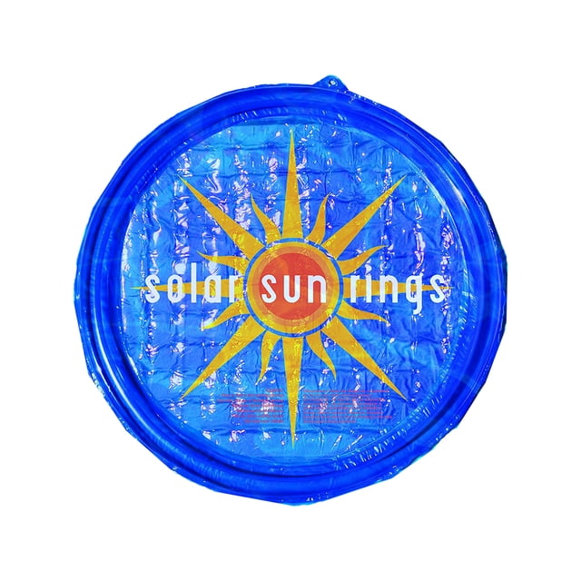 Solar Sun Rings UV Resistant Pool Spa Heater Circular Solar Cover, SSRA Sunburst. A circular blue solar cover with a sunburst design in the center, featuring yellow rays and a red-orange core. The cover is designed to heat pools using sunlight, reduce water evaporation, and retain heat overnight. It includes a redesigned inner grid with drainage grommets to prevent sinking and an enlarged outer ring for better floating and durability. Dimensions: 60 x 2 inches.