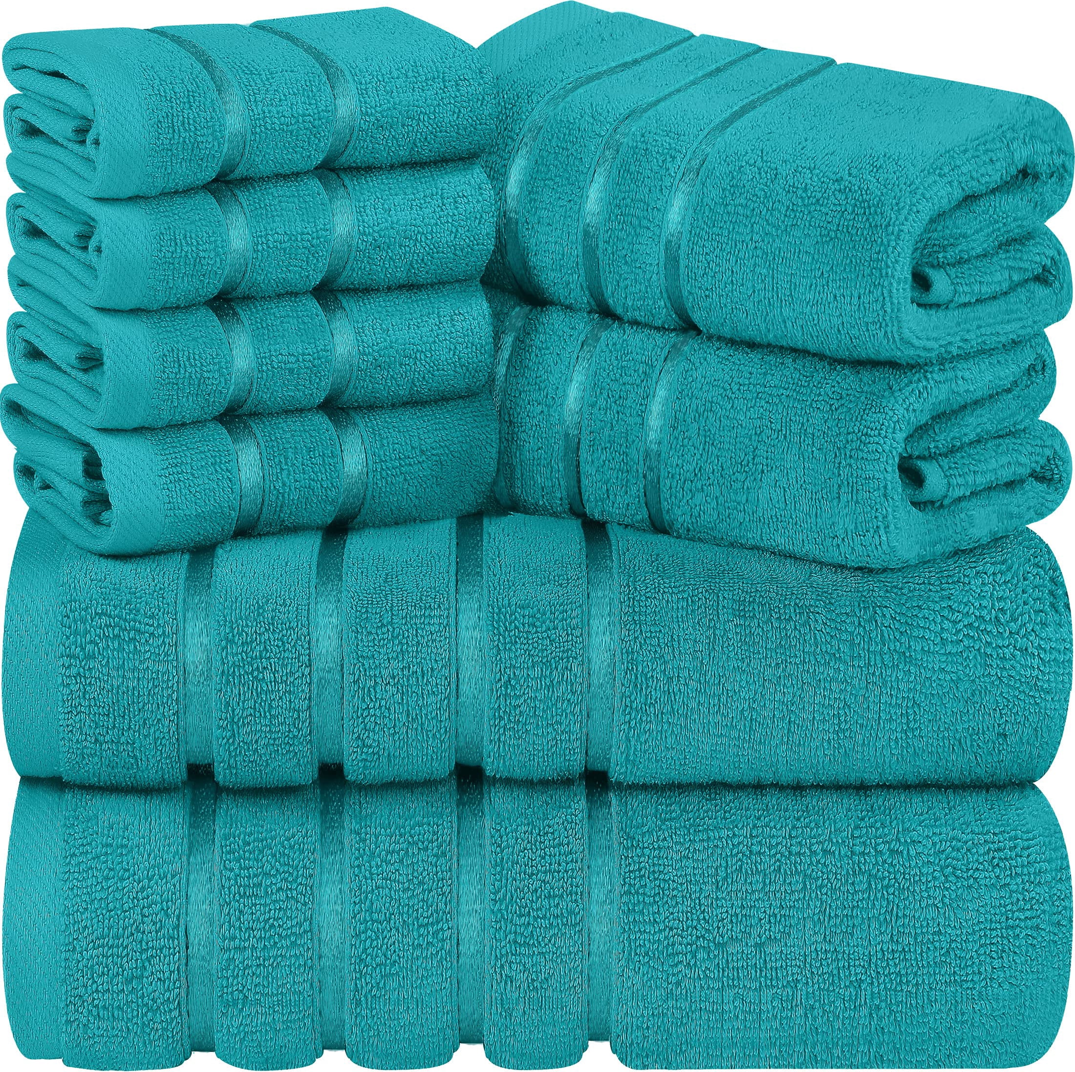 Utopia Towels 8-Piece Luxury Towel Set 2 Bath Towels 2 Hand Towels and 4 Wash Cloths 600 GSM 100% Ring Spun Cotton Highly Absorbent Viscose Stripe Towels Ideal for Everyday use (Turquoise)