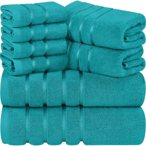Utopia Towels 8-Piece Luxury Towel Set 2 Bath Towels 2 Hand Towels and 4 Wash Cloths 600 GSM 100% Ring Spun Cotton Highly Absorbent Viscose Stripe Towels Ideal for Everyday use (Turquoise)