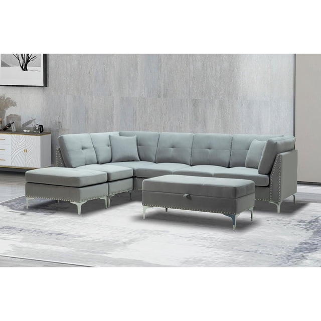 Canapé d'angle inclinable électrique en tissu beige avec rangement