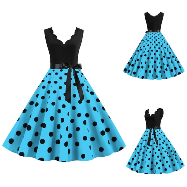 Kcodviy Robe Vintage d'Été pour Femme à Pois Grande Taille à Manches Évasées Imprimée Sans Manches Décontractée de Soirée Patineuse Grande Taille Robe de Fête Bal