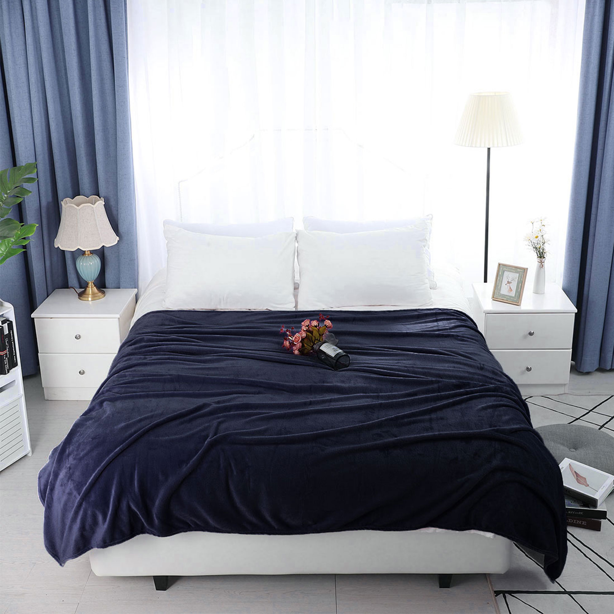PiccoCasa 1 Pcs Home Warm Soft Microplush Fleece Solid Throw Blanket Navy Blue 70" x 78"