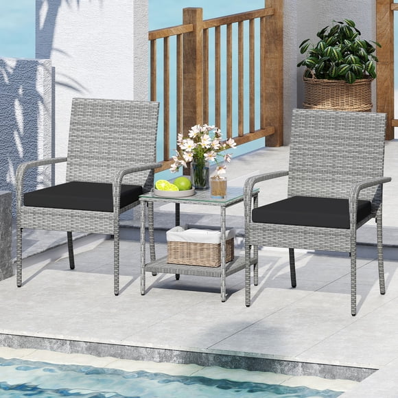 Gymax 3 Pieces Patio Furniture Set PE Rattan Porch Chairs w/ 2-Tier Table Black