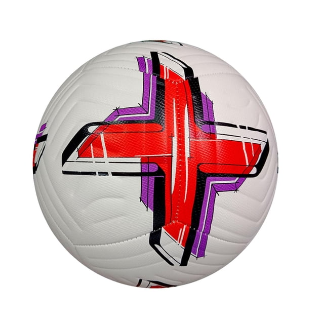 Soccer Ballon Taille 5, Ballon de Match Officiel, Cuir PU Léger Cousu à la Machine Rouge. Ce Ballon Présente une construction en Cuir PU durable avec des Coutures Sans Couture et une surface Lisse. Il Présente un Motif de Croix Rouge et Violet vibrant sur Fond Blanc, le Rendant Visuellement Frappant. Conçu pour les Matchs Officiels, l'Entraînement et la Pratique, Il Mesure Environ 21,5 cm (8,46 Pouces) de Diamètre et Offre une distribution Équilibrée du Poids pour un Vol stable et une performance Précise.