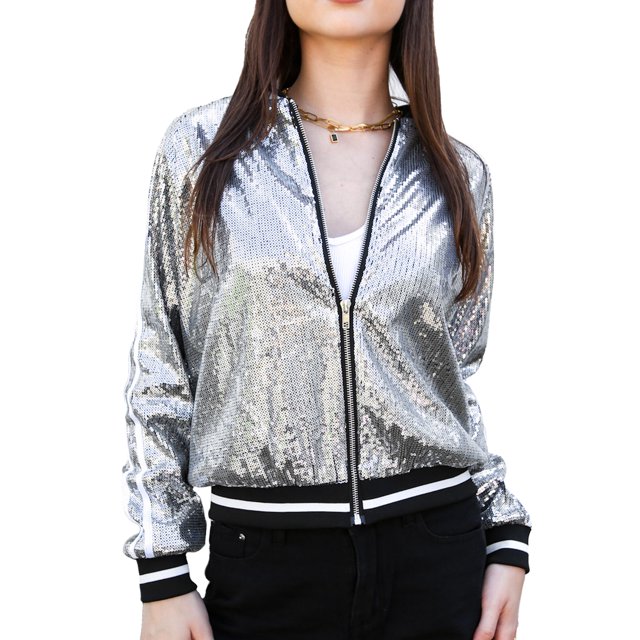 Veste Bomber à Paillettes à Rayures pour Femmes à Manches Longues avec Fermeture Éclair Frontale