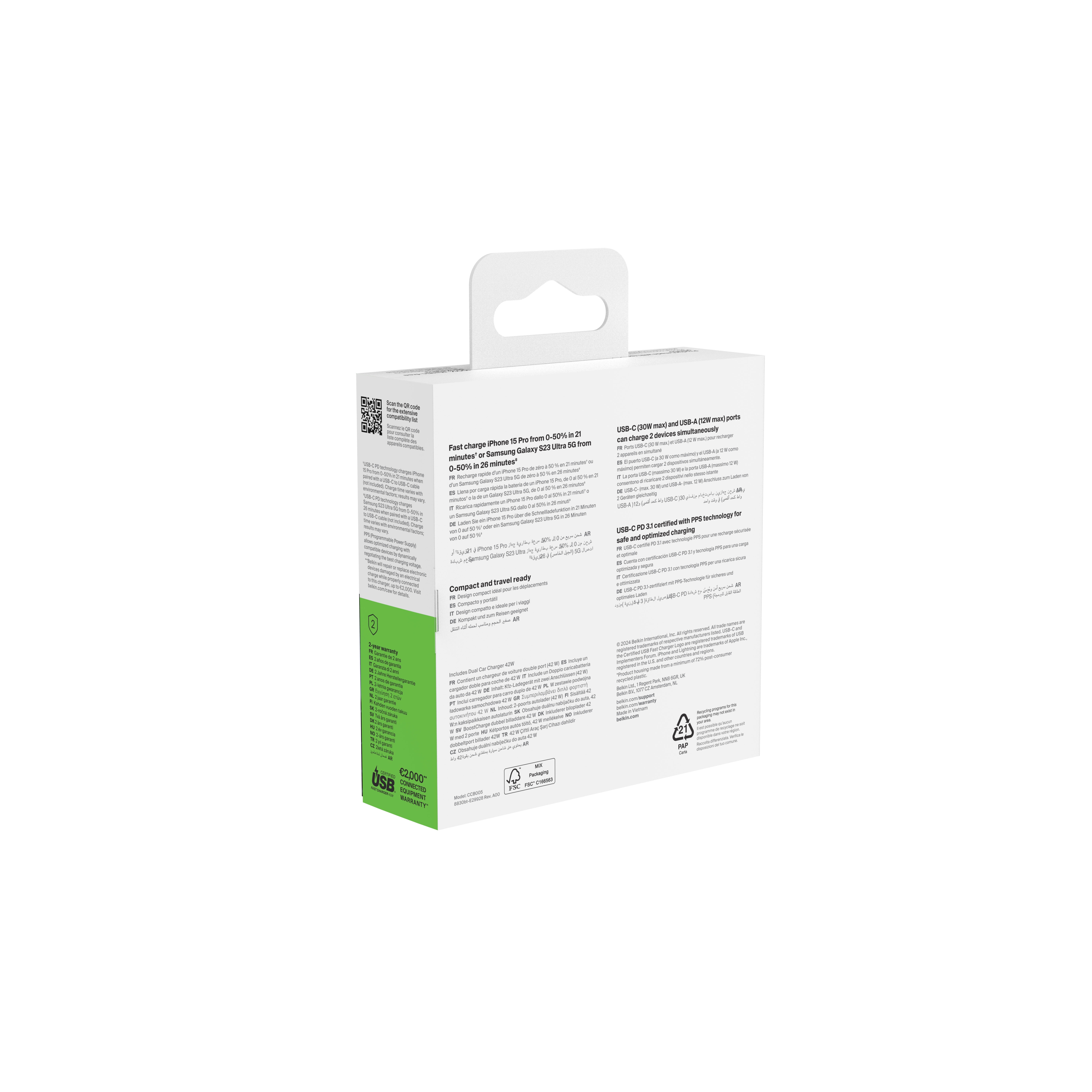 Double chargeur de voiture Belkin BoostCharge 42 W avec ports USB-C charge rapide 30 W PPS et 12 W USB-A pour Apple iPhone 15, 15 Pro, 15 Pro Max, iPhone 14 Series, iPhone 13 Series, Samsung Galaxy S2